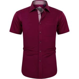 imageJVER Mens Short Sleeve Dress Shirts Stretch Wrinkle Free Casual Button Down Shirts with Pocket for Business WeddingRed Wine
