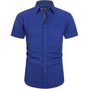 imageJVER Mens Short Sleeve Dress Shirts Stretch Wrinkle Free Casual Button Down Shirts with Pocket for Business WeddingRoyal Blue