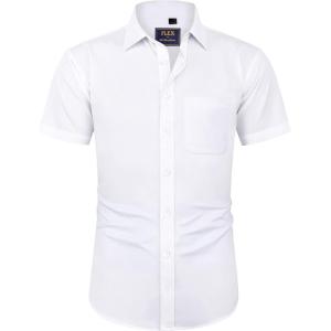 imageJVER Mens Short Sleeve Dress Shirts Stretch Wrinkle Free Casual Button Down Shirts with Pocket for Business WeddingWhite