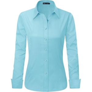imageJVER Womens Dress Shirts Long Sleeve Button Down Shirt WrinkleFree Business Casual Blouse Office Work TopsAqua Blue