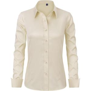imageJVER Womens Dress Shirts Long Sleeve Button Down Shirt WrinkleFree Business Casual Blouse Office Work TopsBeige