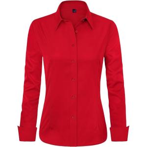 imageJVER Womens Dress Shirts Long Sleeve Button Down Shirt WrinkleFree Business Casual Blouse Office Work TopsBright Red