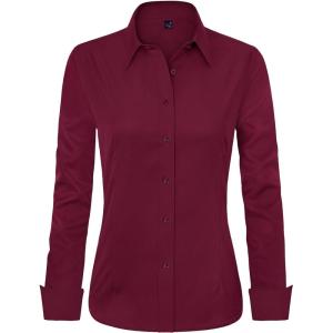 imageJVER Womens Dress Shirts Long Sleeve Button Down Shirt WrinkleFree Business Casual Blouse Office Work TopsBurgundy