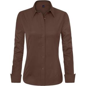 imageJVER Womens Dress Shirts Long Sleeve Button Down Shirt WrinkleFree Business Casual Blouse Office Work TopsCoffee Bean
