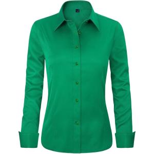 imageJVER Womens Dress Shirts Long Sleeve Button Down Shirt WrinkleFree Business Casual Blouse Office Work TopsDark Green