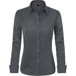 imageJVER Womens Dress Shirts Long Sleeve Button Down Shirt WrinkleFree Business Casual Blouse Office Work TopsDark Grey