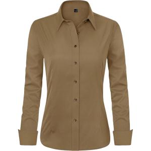 imageJVER Womens Dress Shirts Long Sleeve Button Down Shirt WrinkleFree Business Casual Blouse Office Work TopsDark Khaki