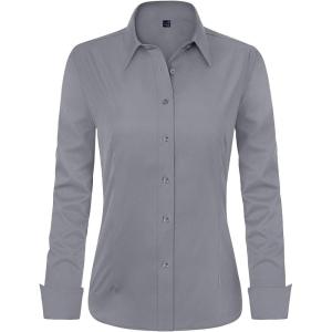 imageJVER Womens Dress Shirts Long Sleeve Button Down Shirt WrinkleFree Business Casual Blouse Office Work TopsGrey