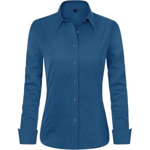 imageJVER Womens Dress Shirts Long Sleeve Button Down Shirt WrinkleFree Business Casual Blouse Office Work TopsInk Blue