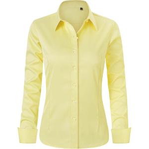 imageJVER Womens Dress Shirts Long Sleeve Button Down Shirt WrinkleFree Business Casual Blouse Office Work TopsLight Yellow