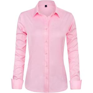 imageJVER Womens Dress Shirts Long Sleeve Button Down Shirt WrinkleFree Business Casual Blouse Office Work TopsPink