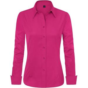 imageJVER Womens Dress Shirts Long Sleeve Button Down Shirt WrinkleFree Business Casual Blouse Office Work TopsRose Red
