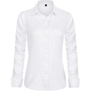 imageJVER Womens Dress Shirts Long Sleeve Button Down Shirt WrinkleFree Business Casual Blouse Office Work TopsWhite
