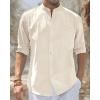 imageJVER Mens Cotton Linen Long Sleeve Shirts Casual Button Down Banded Collar Shirt Beach Summer Tops with PocketBeige