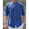 imageJVER Mens Cotton Linen Long Sleeve Shirts Casual Button Down Banded Collar Shirt Beach Summer Tops with PocketDenim Blue
