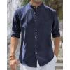 imageJVER Mens Cotton Linen Long Sleeve Shirts Casual Button Down Banded Collar Shirt Beach Summer Tops with PocketNavy Blue