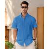 imageMens Linen Shirts Short Sleeve Button Down Shirt Casual Cuban Guayabera Lightweight Summer Beach Solid TopsCobalt Blue