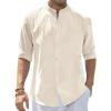 imageJVER Mens Cotton Linen Long Sleeve Shirts Casual Button Down Banded Collar Shirt Beach Summer Tops with PocketBeige