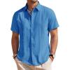 imageMens Linen Shirts Short Sleeve Button Down Shirt Casual Cuban Guayabera Lightweight Summer Beach Solid TopsCobalt Blue