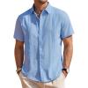 imageMens Linen Shirts Short Sleeve Button Down Shirt Casual Cuban Guayabera Lightweight Summer Beach Solid TopsLight Blue