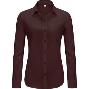 imageJVER Button Down Shirts for Women Wrinkle Free Long Sleeve Dress Shirt Business Casual Work Blouse with PocketBrown