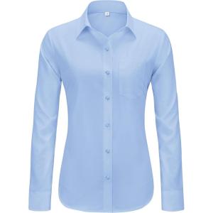 imageJVER Button Down Shirts for Women Wrinkle Free Long Sleeve Dress Shirt Business Casual Work Blouse with PocketLight Blue