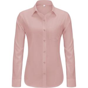 imageJVER Button Down Shirts for Women Wrinkle Free Long Sleeve Dress Shirt Business Casual Work Blouse with PocketPeach Pink