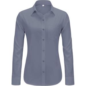 imageJVER Button Down Shirts for Women Wrinkle Free Long Sleeve Dress Shirt Business Casual Work Blouse with PocketSilver Grey