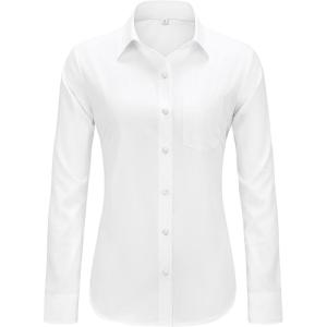 imageJVER Button Down Shirts for Women Wrinkle Free Long Sleeve Dress Shirt Business Casual Work Blouse with PocketWhite