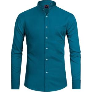 imageJVER Mens Banded Collar Dress Shirt Mandarin Long Sleeve Button Down Shirts Stretch Collarless Tops with PocketDark Peacock Blue