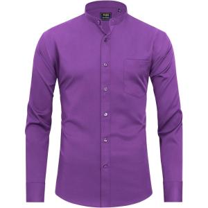 imageJVER Mens Banded Collar Dress Shirt Mandarin Long Sleeve Button Down Shirts Stretch Collarless Tops with PocketPurple