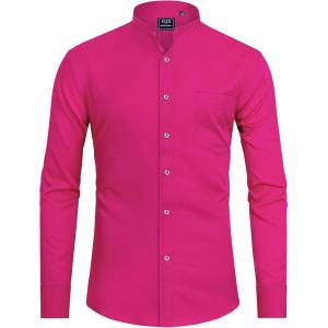 imageJVER Mens Banded Collar Dress Shirt Mandarin Long Sleeve Button Down Shirts Stretch Collarless Tops with PocketRose Red