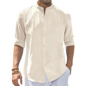 imageJVER Mens Cotton Linen Long Sleeve Shirts Casual Button Down Banded Collar Shirt Beach Summer Tops with PocketBeige