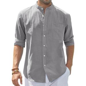 imageJVER Mens Cotton Linen Long Sleeve Shirts Casual Button Down Banded Collar Shirt Beach Summer Tops with PocketDark Grey