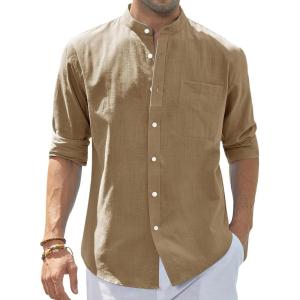 imageJVER Mens Cotton Linen Long Sleeve Shirts Casual Button Down Banded Collar Shirt Beach Summer Tops with PocketDark Khaki