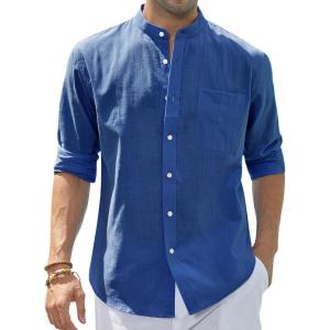 imageJVER Mens Cotton Linen Long Sleeve Shirts Casual Button Down Banded Collar Shirt Beach Summer Tops with PocketDenim Blue