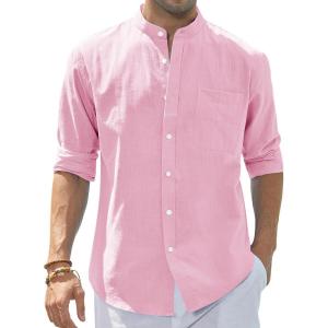 imageJVER Mens Cotton Linen Long Sleeve Shirts Casual Button Down Banded Collar Shirt Beach Summer Tops with PocketLight Pink