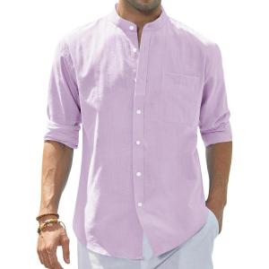 imageJVER Mens Cotton Linen Long Sleeve Shirts Casual Button Down Banded Collar Shirt Beach Summer Tops with PocketLight Purple