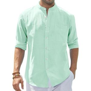 imageJVER Mens Cotton Linen Long Sleeve Shirts Casual Button Down Banded Collar Shirt Beach Summer Tops with PocketMint Green