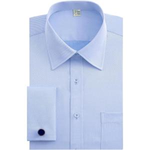 imageJVER Mens French Cuff Dress Shirts Regular Fit Long Sleeve Spread Collar Metal CufflinkBlue