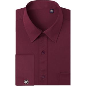 imageJVER Mens French Cuff Dress Shirts Regular Fit Long Sleeve Spread Collar Metal CufflinkBurgundy