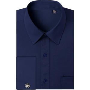imageJVER Mens French Cuff Dress Shirts Regular Fit Long Sleeve Spread Collar Metal CufflinkNavy Blue