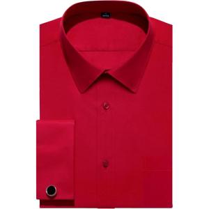 imageJVER Mens French Cuff Dress Shirts Regular Fit Long Sleeve Spread Collar Metal CufflinkRed