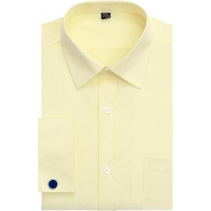 imageJVER Mens French Cuff Dress Shirts Regular Fit Long Sleeve Spread Collar Metal CufflinkYellow