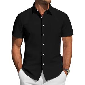 imageJVER Mens Short Sleeve Button Down Shirt Stretch Business Casual Dress Shirts Solid Summer Wedding Prom TopsBlack
