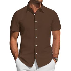 imageJVER Mens Short Sleeve Button Down Shirt Stretch Business Casual Dress Shirts Solid Summer Wedding Prom TopsBrown