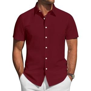 imageJVER Mens Short Sleeve Button Down Shirt Stretch Business Casual Dress Shirts Solid Summer Wedding Prom TopsBurgundy