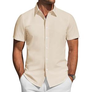 imageJVER Mens Short Sleeve Button Down Shirt Stretch Business Casual Dress Shirts Solid Summer Wedding Prom TopsCream Ivory