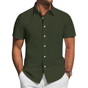 imageJVER Mens Short Sleeve Button Down Shirt Stretch Business Casual Dress Shirts Solid Summer Wedding Prom TopsDark Green