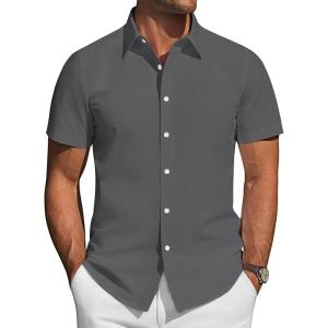 imageJVER Mens Short Sleeve Button Down Shirt Stretch Business Casual Dress Shirts Solid Summer Wedding Prom TopsDark Grey